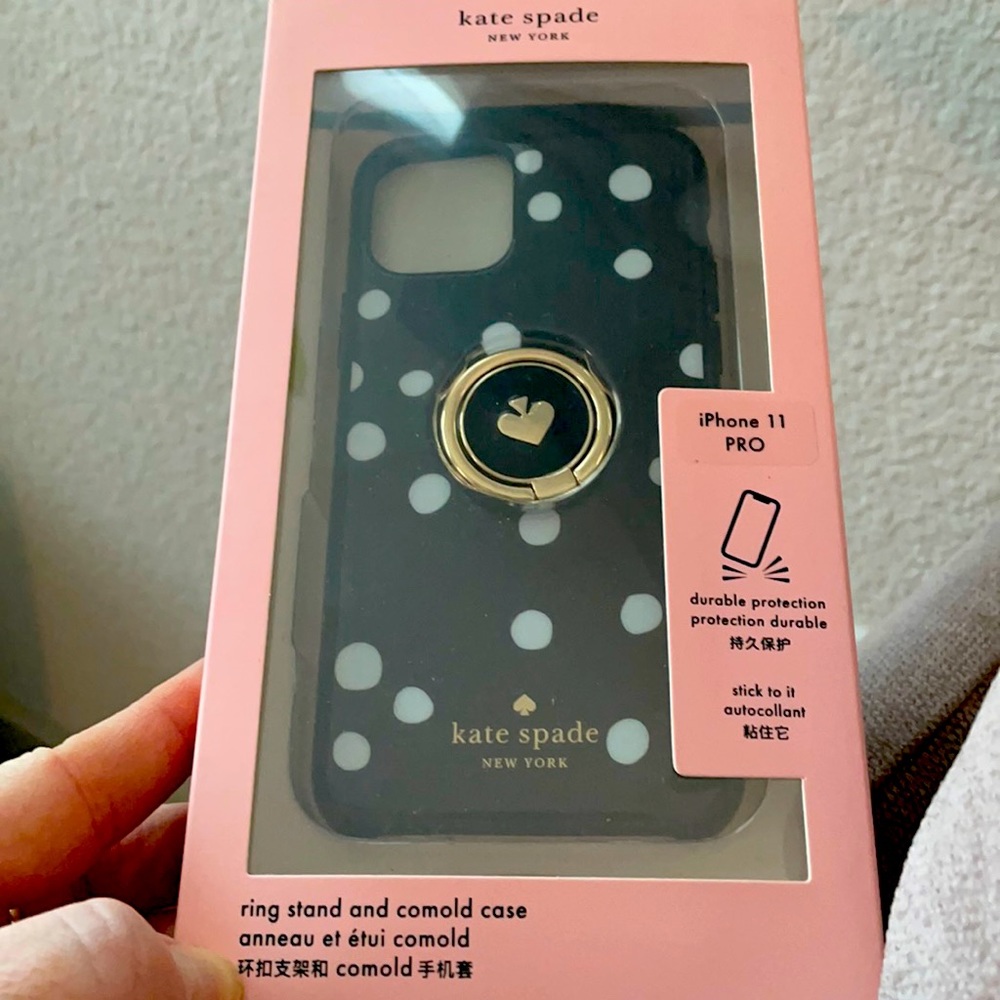Kate Spade iPhone 11 Pro case with gold emblem stand